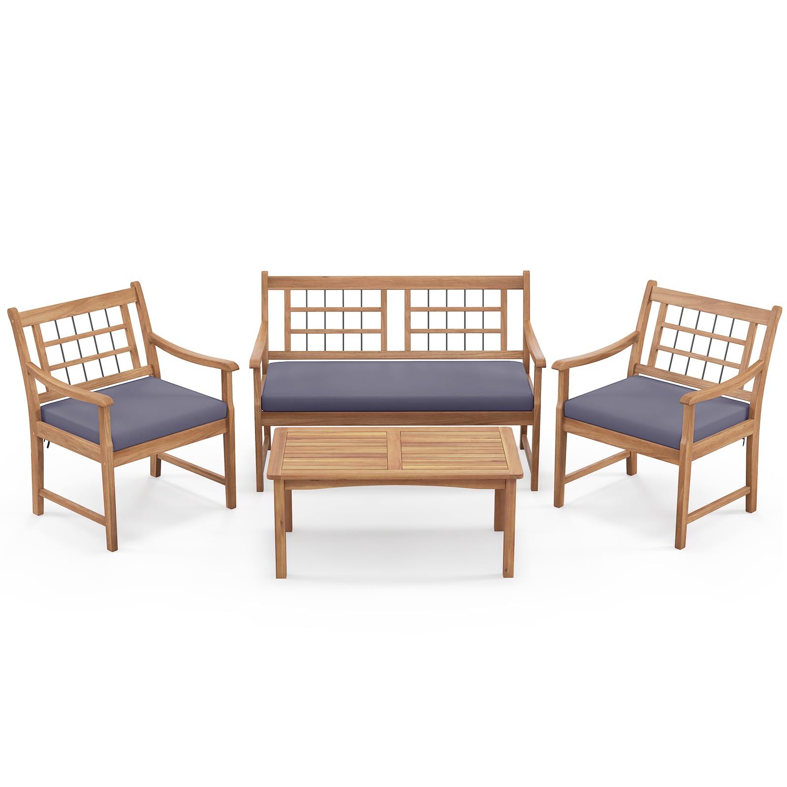 Tangkula Ensemble de mobilier de patio en bois 4 pièces, ensemble de conversation extérieur avec coussins moelleux
